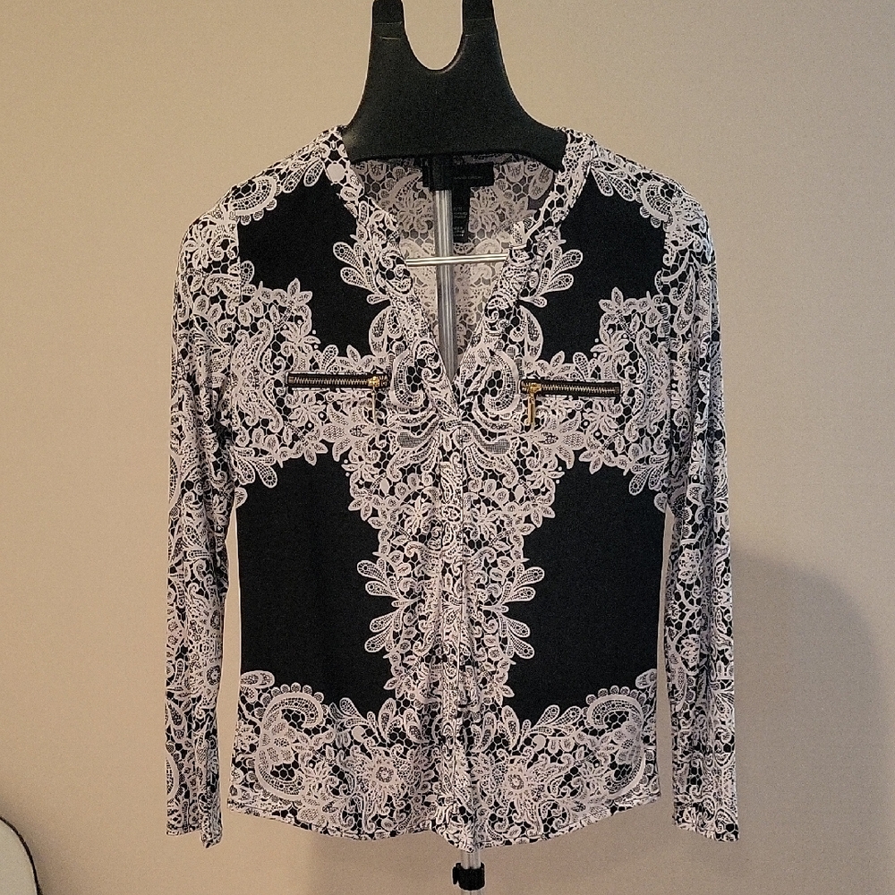 INC Black and White Lace Patterned Blouse
